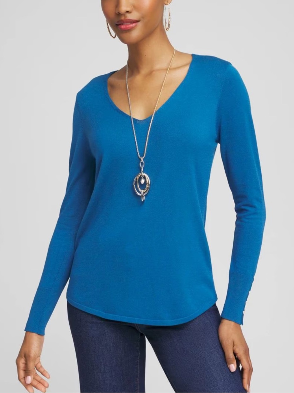 Chico's royal blue long sleeve sweater w/silver button accents-size M
